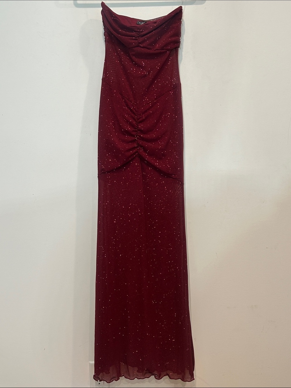 Blue blush dolls kill maroon glitter strapless rouched maxi dress small women’s